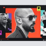 A collage featuring prominent internet personalities. In the center is Andrew Tate wearing sunglasses against a bold red background. On the left, Joe Rogan speaks into a microphone with a purple gradient backdrop and a speech bubble icon showing 578 comments. On the right, Nara Smith stands at a counter in a black dress, pouring liquid into a mixing bowl with a blue-green background and a heart icon displaying 328.7K likes. Binary code runs across the background.